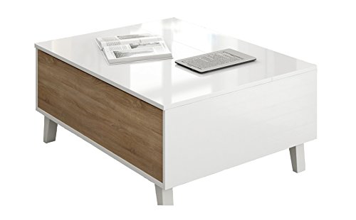 Habitdesign 0F6633BO - Mesa de Centro elevable Comedor salón, Color Blanco Brillo y Roble Canadian, Medidas: 100x38/48x68 cm de Fondo