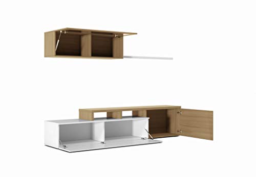 Habitdesign - Mueble de salón Comedor Moderno, Medidas: 200x41/34x43 cm de Alto (Blanco Brillo y Roble Canadian)