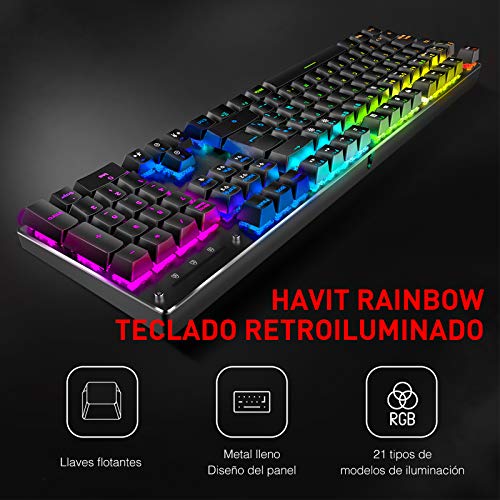 havit Teclado mecánico Gaming y ratón Español Teclados Gaming con Cable, Azul Anti-Efecto Fantasma de 105 Teclas, Ratón Gaming programable, Negro