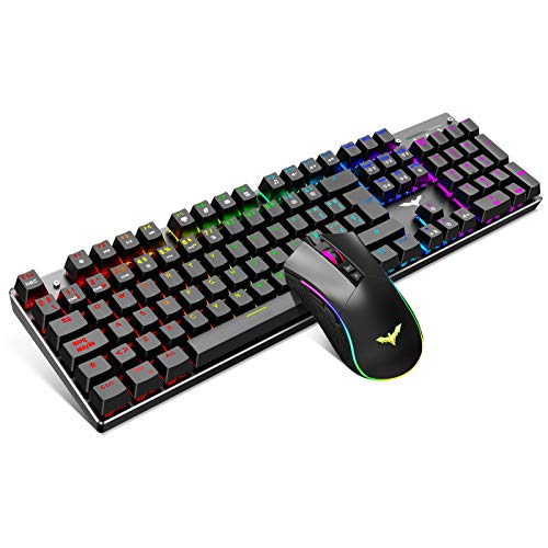 havit Teclado mecánico Gaming y ratón Español Teclados Gaming con Cable, Azul Anti-Efecto Fantasma de 105 Teclas, Ratón Gaming programable, Negro