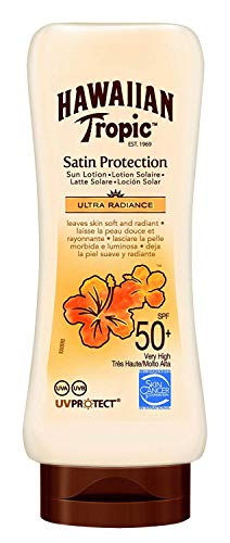 Hawaiian Tropic Satin Protection Ultra Radiance SPF 50+ - Loción Solar de Protección Muy Alta, Protege y Suaviza la Piel, Fragancia de Frutas Tropicales, Pack 3 Unidades x 180 ml