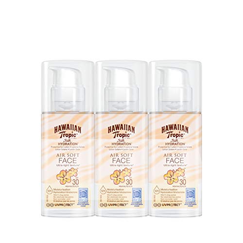 Hawaiian Tropic - Silk Hydration Air Soft Face - Loción de Crema Solar Facial Protectora para el Rostro SPF 30, Crema Hidratante Facial con Protección, Pack de 3, 50 ml.