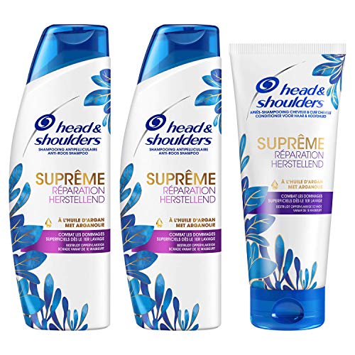 Head & Shoulders, Shampoing et Après Shampoing Antipelliculaire, Suprême Réparation, pour Cheveux Abimés, à l’Huile d’Argan, Format Shampoing 2x250 ml et Après Shampoing 1x220 ml