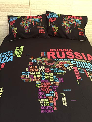 HNHDDZ Juego de Funda Nórdica Conjunto de 2/3 Piezas Mapa del Mundo Impreso Negro Azul Juego de Cama con Cremallera Casa Decoración (Negro,220x240 cm - Cama 150 cm)