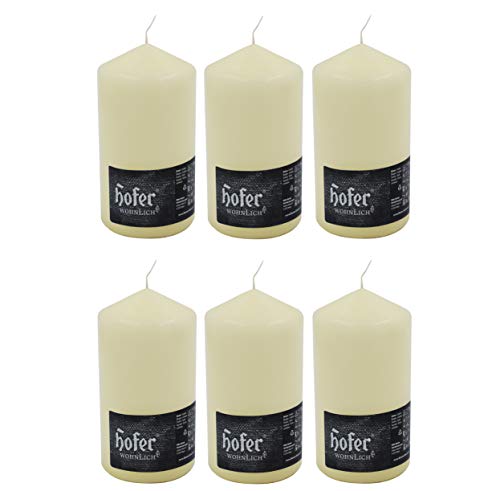 Hofer Velas Pilar - Paquete de 6 piezas - 60 horas de tiempo de combustión - Marfil - 8 cm x 15 cm - Cera sin perfume, sin goteo, larga duración, calidad de la UE