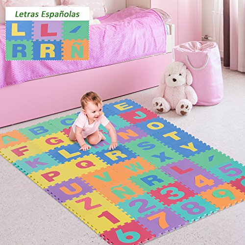 HOMCOM Alfombra Puzle Niños Colchoneta Suave Juego Rompecabezas para Niños 3.6㎡ Letras Abecedario y Números 0-9 Goma Espuma EVA Lavable Resistente a la Humedad