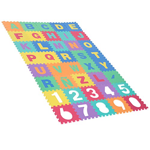 HOMCOM Alfombra Puzle Niños Colchoneta Suave Juego Rompecabezas para Niños 3.6㎡ Letras Abecedario y Números 0-9 Goma Espuma EVA Lavable Resistente a la Humedad