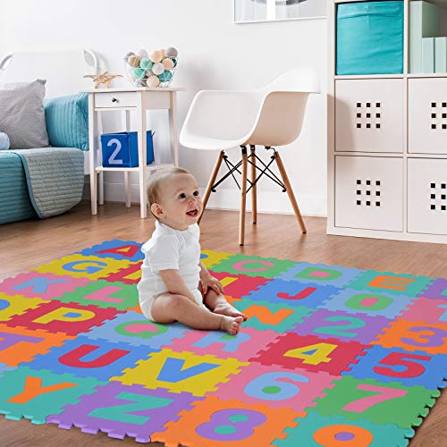 HOMCOM Alfombra Puzzle para Niños 31x31cm 36 Piezas Numeros 0 al 9 y 26 Letras Alfabeto Goma Espuma Alfombrilla de Juego para Bebe Infantil Área de Cobertura 3.13㎡