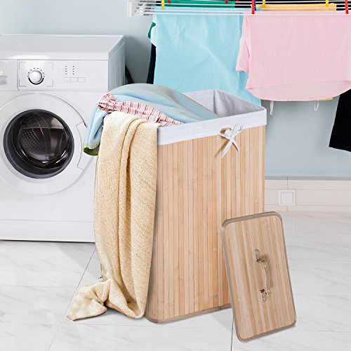 HOMCOM Cesto para Ropa Sucia Plegable con Tapa Cubo para Colada Cesta de Lavandería Rectangular Bambú 70L con Asas 40x30x60cm