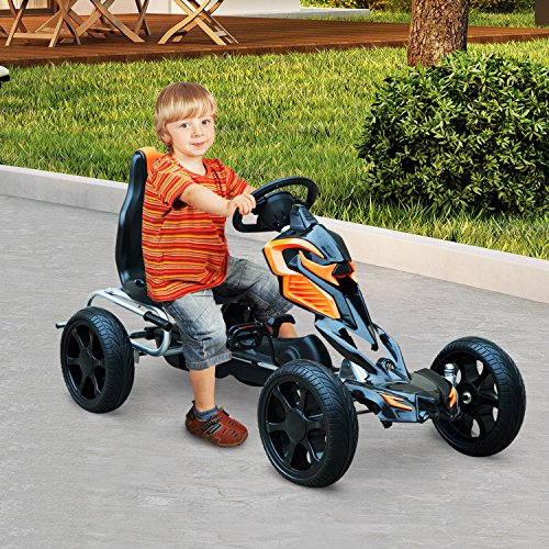 HOMCOM Go Kart Racing Deportivo Coche de Pedales para Niños 3-8 Años con Asiento Ajustable Embrague y Freno Ruedas de Goma 122x60x70cm Negro y Naranja