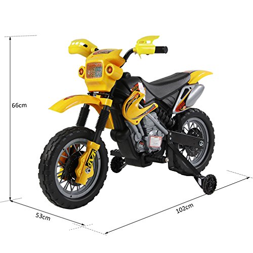 HOMCOM Moto Electrica Infantil Bateria 6V Recargable Niños 3-6 Años Cargador y Ruedas Apoyo Color Amarillo