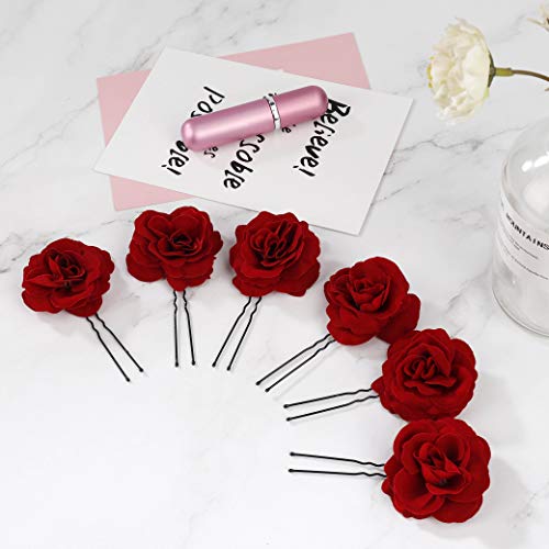 Horquillas con Rosas Pinzas de Pelo Tocado de Novia Pin de Flores de Boda Broche Accesorios de Cabello de Fiesta para Mujeres Niñas, 6 Unids Rojo Hebillas de pelo