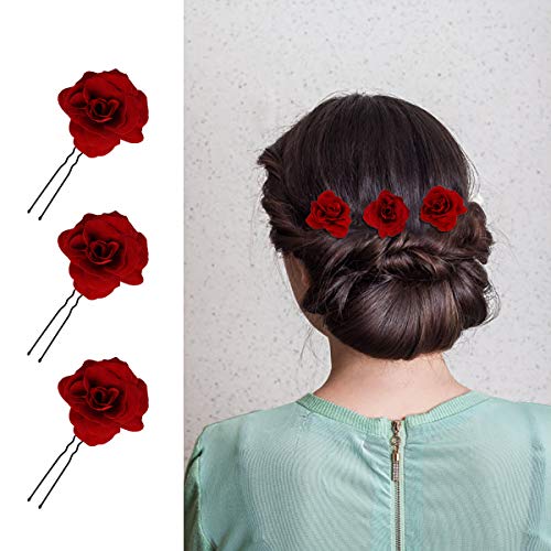 Horquillas con Rosas Pinzas de Pelo Tocado de Novia Pin de Flores de Boda Broche Accesorios de Cabello de Fiesta para Mujeres Niñas, 6 Unids Rojo Hebillas de pelo