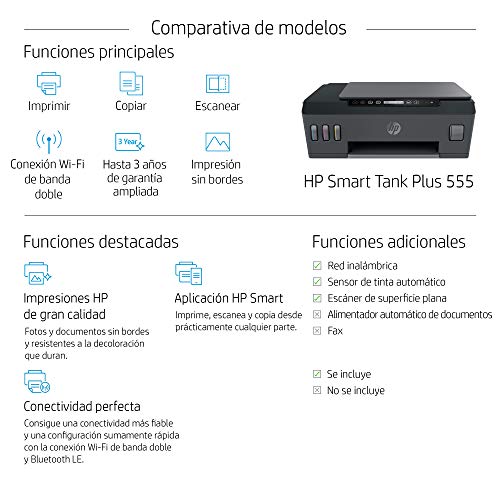 HP Smart Tank Plus 555 - Impresora multifunción (imprime, copia y escanea desde el móvil), conectividad Wi-Fi, incluye hasta 3 años de tinta, negro