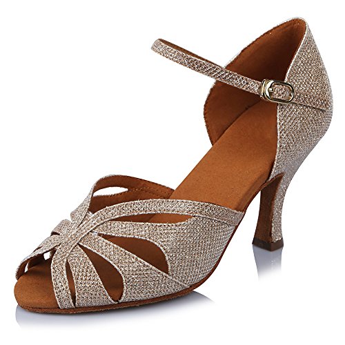 HROYL Zapatos de Baile para Mujeres y Niñas Latino de Diamantes de imitación Señoras Salsa Latina Tango Zapatos de Boda de satén,ESAF435024,Gold,37EU