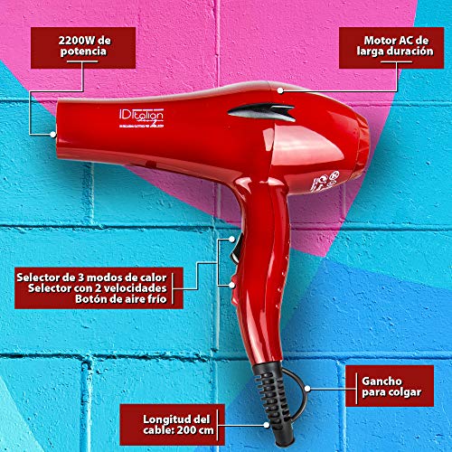 ID Italian Design | Secador de Pelo Profesional 3 Modos de Calor, 2 Velocidades de Color Rojo - 2200W