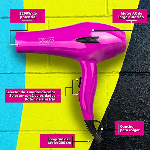 ID Italian Design | Secador de Pelo Profesional 3 Modos de Calor, 2 Velocidades de Color Rosa - 2200W