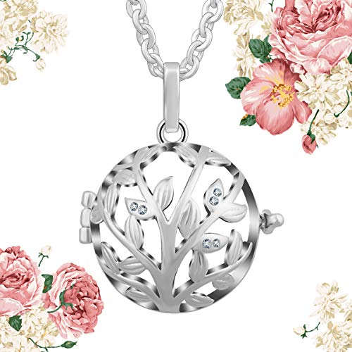 INFUSEU Aromaterapia Difusor de Aceite Esencial Mujeres Árbol de la Vida Collar, Árbol de la Vida con Circón Cúbico Dije Perfume Plateado Plata con 5 PC Lava Piedras y Cadena de 24"