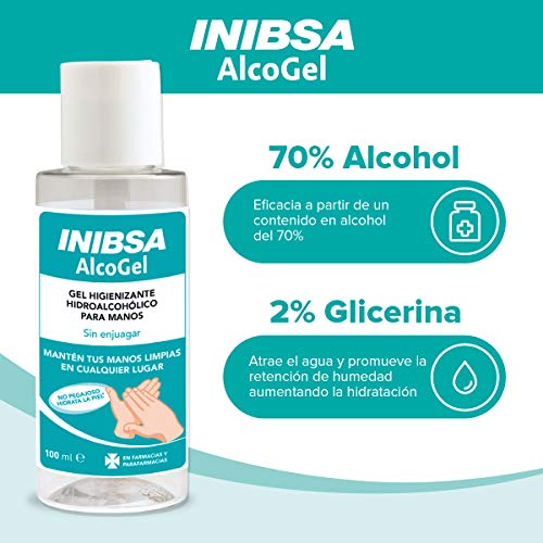 Inibsa Alcogel 100 ml - Gel hidroalcóholico manos 70%. Sin enjuagar. No pegajoso. Contiene glicerina que hidrata la piel - Gel de manos para una limpieza profunda - 1 unidad