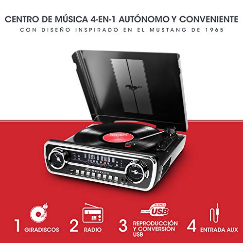 ION Audio Mustang LP - Centro de Música 4-en-1 con Diseño de Radio de Coche Clásico, con Giradiscos, Radio, USB y Entradas Auxiliares, color Negro