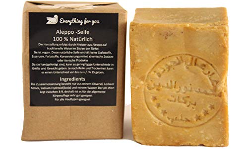 Jabón E4U original Aleppo, clásico 60% aceite de oliva, 40% aceite de laurel, aprox. 200 g vegano, jabón natural, jabón de ducha, jabón de afeitar, receta tradicional de Orient.