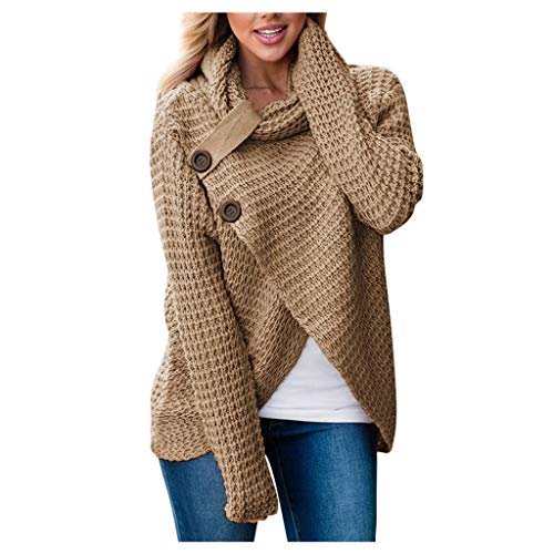 Jerseys De Punto para Mujer Cuello de Tortuga Manga Larga Suelto Prendas de Punto Suéter Irregular Jerséis Collar de la Pila Tops Cálido Otoño Invierno riou (Khaki, L)