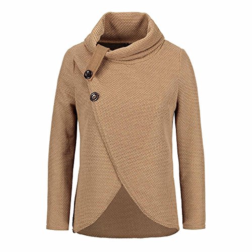 Jerseys De Punto para Mujer Cuello de Tortuga Manga Larga Suelto Prendas de Punto Suéter Irregular Jerséis Collar de la Pila Tops Cálido Otoño Invierno riou (Khaki, L)