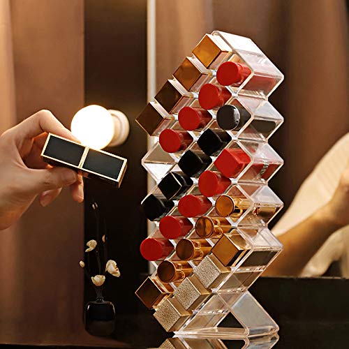 JessLab Organizador de Pintalabios, Soporte para Pintalabios Acrílico Torre de Labios Organizador de Maquillaje Cosmético Transparente Almacenamiento para Encimera de Tocador de Baño, 28 Ranuras