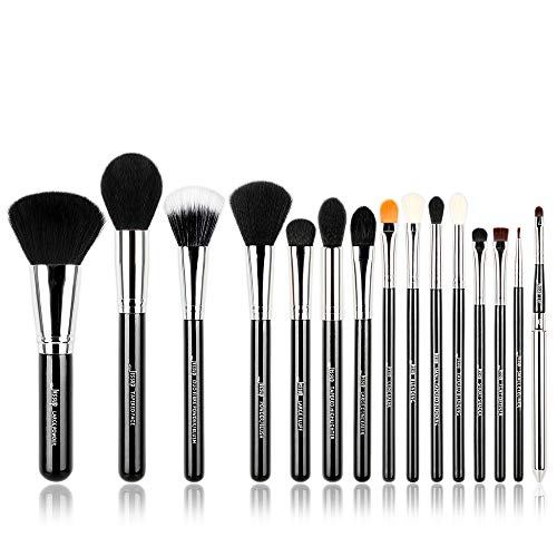 Jessup® - Juego de brochas de maquillaje, 15 piezas, brochas de maquillaje, maquillaje de base, base de polvo, sombra de ojos, delineador de ojos, brochas de labios (negro/plata) T092