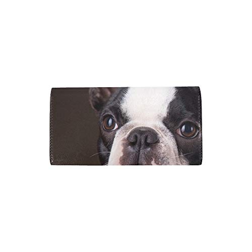 JOCHUAN Adorable único adorable Boston Terrier en negro Foto de archivo Bolso tríptico de la cartera larga de la tarjeta de crédito del monedero de la cartera del bolso