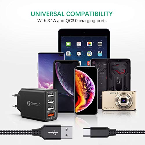 JOOMFEEN Quick Charge 3.0 Cargador USB de Pared con Cable USB Tipo C,30W QC 3.0 Cargador Móvil 4 Puertos Cargador de Red USB Carga Rapida para Samsung Galaxy S10E/S9/S8/Note8,Huawei P20,Xiaomi(Negro)