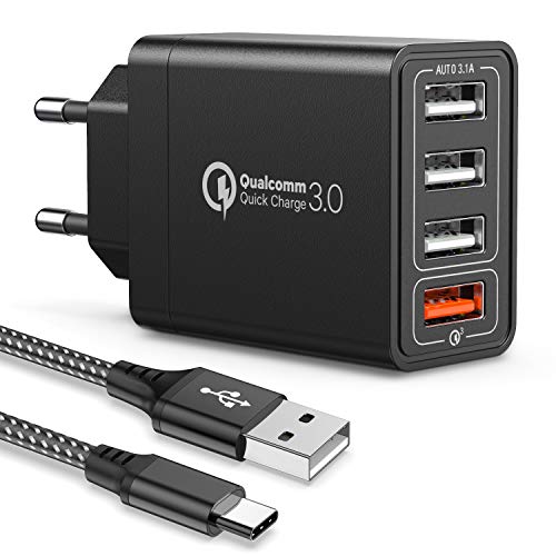 JOOMFEEN Quick Charge 3.0 Cargador USB de Pared con Cable USB Tipo C,30W QC 3.0 Cargador Móvil 4 Puertos Cargador de Red USB Carga Rapida para Samsung Galaxy S10E/S9/S8/Note8,Huawei P20,Xiaomi(Negro)