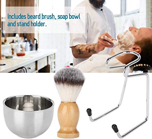 Juego de brochas de afeitar para Barba, kit de afeitar 3 en 1 para hombres - brocha de afeitar para el cabello con mango de madera, tazón de jabón de acero inoxidable y soporte para afeitar