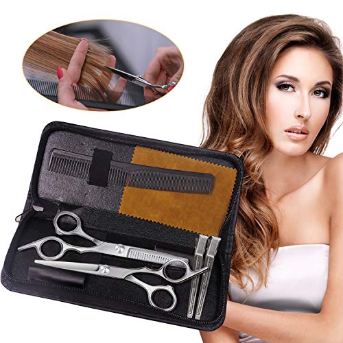 Juego de Tijeras Pelo, Tijeras Peluqueria Profesional de Acero Inoxidable, Tijeras Peluqueria con Estuche de Cuero - Longitud 6.0 pulgadas, Tijeras Cortar Pelo para Hombres y Mujeres