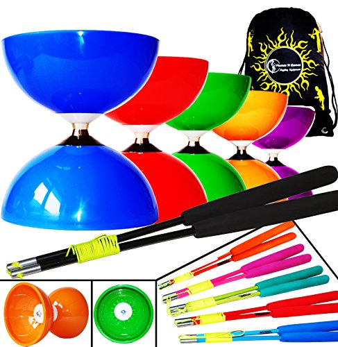 Juggle Dream Big Top - Juego de diábolos con cojinetes de Bolas Gigantes + Fibra Diablo Palos de Mano, Diabolo Cordel + Bolsa de Viaje! (Morado Diabolo + Rosado Palos de Mano)