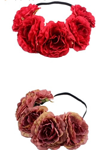 Kanggest 1 Piezas Diadema de Flores Mujer Venda de Pelo Alta Elasticidad Cinta de Pelo Banda Para la Cabeza Para Adornos Para el Pelo Boda(Rojo)