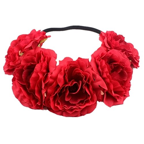 Kanggest 1 Piezas Diadema de Flores Mujer Venda de Pelo Alta Elasticidad Cinta de Pelo Banda Para la Cabeza Para Adornos Para el Pelo Boda(Rojo)