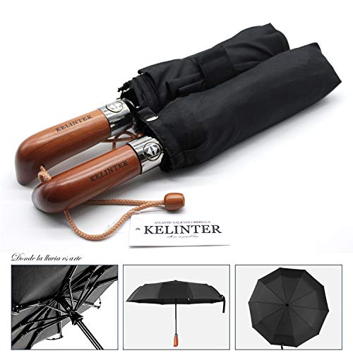 Kelinter Paraguas Plegable - Tela de Teflon Resistente, Impermeable y Protección del Sol - Botón Único - Resistencia Antiviento Fuerte, Mango de Madera Antideslizante - Clasico y Elegante (Negro)