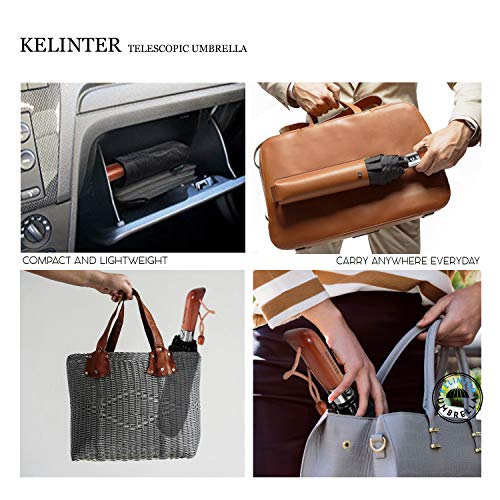 Kelinter Paraguas Plegable - Tela de Teflon Resistente, Impermeable y Protección del Sol - Botón Único - Resistencia Antiviento Fuerte, Mango de Madera Antideslizante - Clasico y Elegante (Negro)