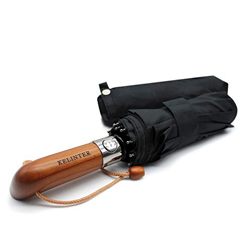 Kelinter Paraguas Plegable - Tela de Teflon Resistente, Impermeable y Protección del Sol - Botón Único - Resistencia Antiviento Fuerte, Mango de Madera Antideslizante - Clasico y Elegante (Negro)