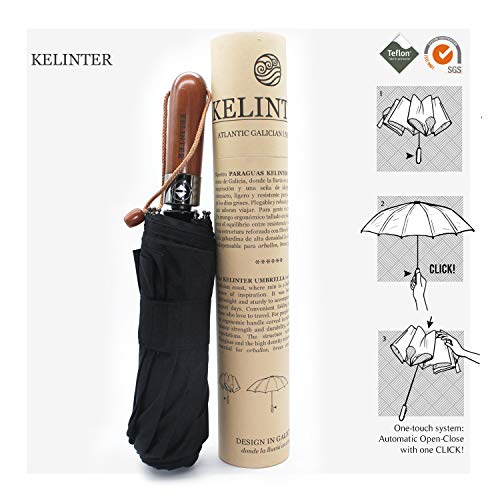 Kelinter Paraguas Plegable - Tela de Teflon Resistente, Impermeable y Protección del Sol - Botón Único - Resistencia Antiviento Fuerte, Mango de Madera Antideslizante - Clasico y Elegante (Negro)