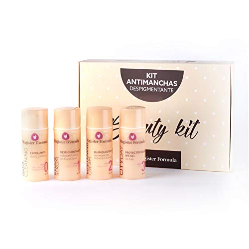 Kit Cosmética Natural Antimanchas Despigmentante | Caja Cosmética con 4 cremas: Exfoliante Ácido Glicólico | Serum despigmentante | Blanqueadora Antimanchas y REGALO Protector Solar 50 SPF Oil Free