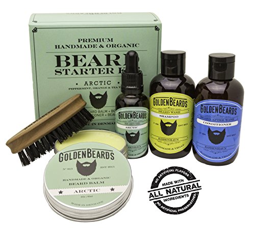 Kit Cuidado de Barba Kit 1 Caja de Regalo que contiene:1 Champú & Acondicionador 1 Aceite 1 Bálsamo y un Peine de viaje de máxima calidad. Olor a Menta, Naranja y Árbol de Té Arctic por Golden Beards