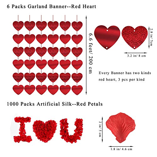 Kit de decoraciones del día de San Valentín 1000 piezas Pétalos de rosas rojas 10 piezas Globos de corazón 6 piezas Guirnalda de corazón Te amo Guirnalda de fieltro Banner Camino de mesa decoración