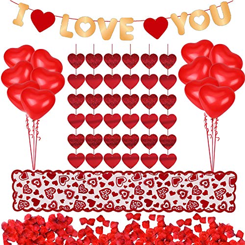 Kit de decoraciones del día de San Valentín 1000 piezas Pétalos de rosas rojas 10 piezas Globos de corazón 6 piezas Guirnalda de corazón Te amo Guirnalda de fieltro Banner Camino de mesa decoración