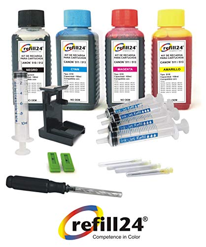 Kit de recarga para cartuchos de tinta Canon 510,512,511,513 negro y color, incluye clip y accesorios + 400 ML Tinta