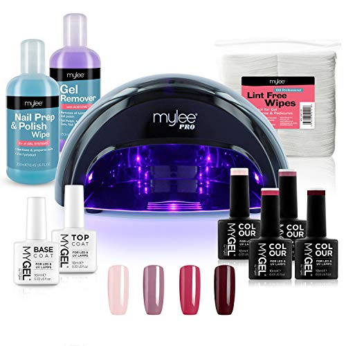 Kit Profesional LED Mylee para barniz de uñas, 4x colores MYGEL, capa superior e inferior, lámpara LED de curado convexo Mylee PRO Series, Prep & Wipe, removedor de gel (Negro)