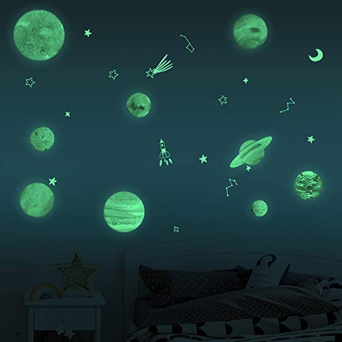 Konsait Brillante Estrellas y Planetas Pegatina de Pared para Dormitorio de Niños, Luna Estrellas Adhesivos Decorativo de Pared Luminoso Fluorescentes para Techo Chico Niña Bebé, Casa Interior Mural