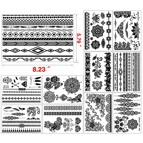 Konsait Falsos joyas Tatuaje temporal impermeable Arte Corporal Tatuajes Adhesivos Tatoos negro brazo cuello para mujeres Niños niñas, Mandala Boho diseños (10 hojas)