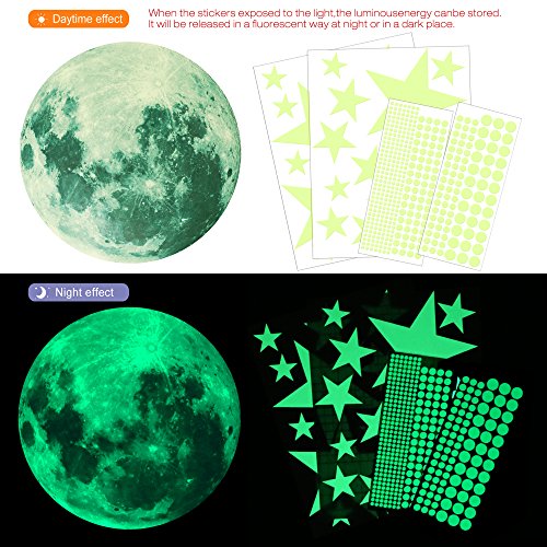 Konsait Luminoso Pegatinas de Pared, 435pcs Puntos Luna y Estrellas Adhesivos Decorativo de Pared Fluorescentes Decoración de la habitación para Chico Niña Bebé, Casa Interior Mural